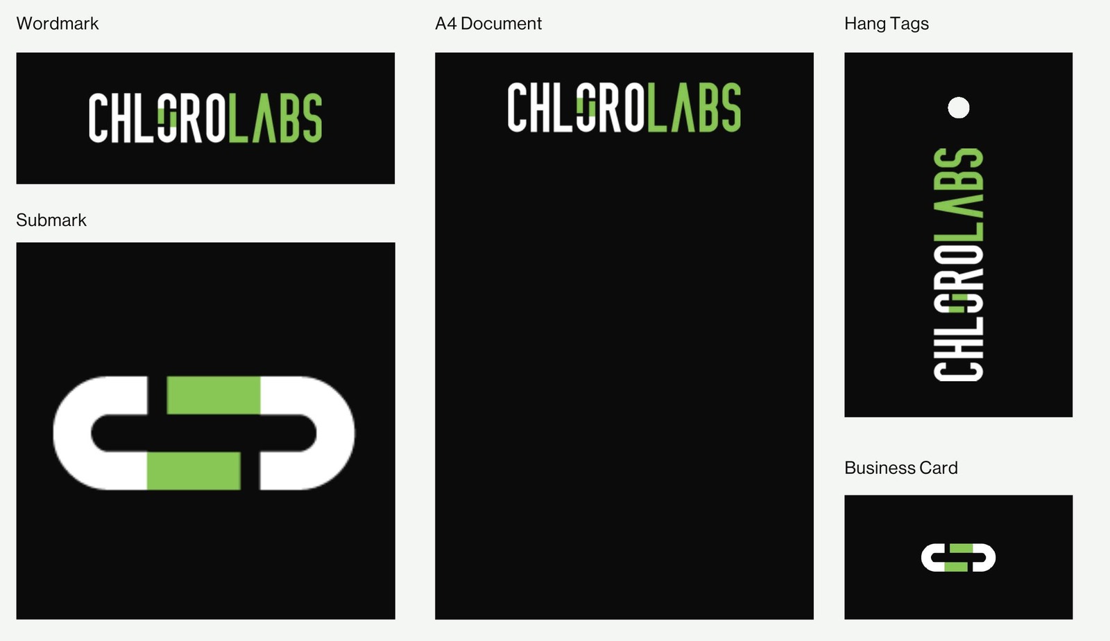 ChloroLabs applications: wordmark card, submark panel, A4 document, hang tag and business card